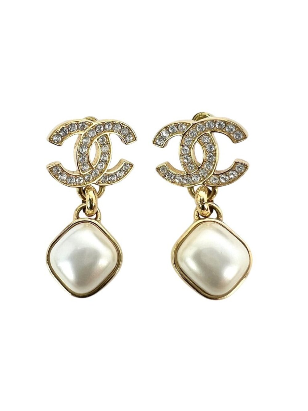 Chanel Gold Crystal CC Pearl Dangle Earrings